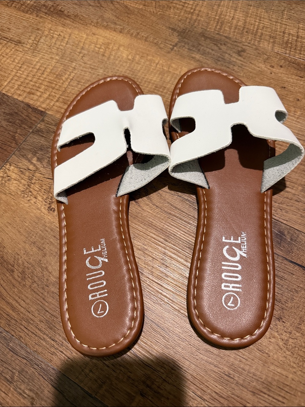 Rouge Helium White Slide Sandals with Brown Footbed